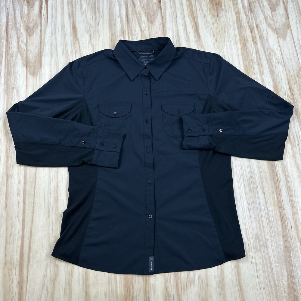 Merrell Women's XL Black Opti-Wick Button Shirt Outdoor Hiking Travel Long Sleev